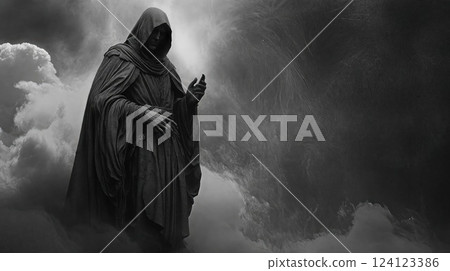 Dark hooded figure in flowing robes emerges from stormy clouds in dramatic black and white composition, creating an atmospheric and mysterious scene Dark hooded figure in flowing robes emerges from stormy clouds in dramatic black and white composition, creating an atmospheric and mysterious scene 124123386