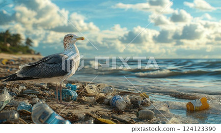 A seagull stands on a polluted beach littered with plastic bottles and debris, against a backdrop of ocean waves and cloudy blue sky, highlighting environmental concerns 124123390