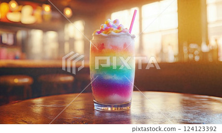 A colorful rainbow milkshake is beautifully sitting on a wooden table 124123392