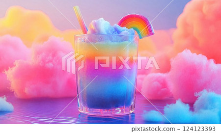 A colorful drink beautifully presented in a glass with a rainbow 124123393