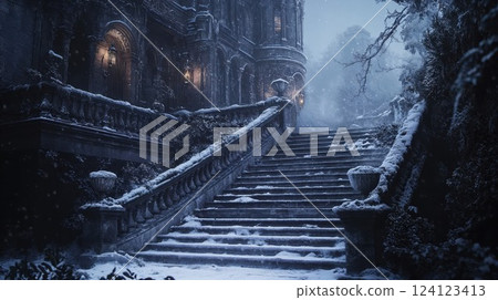 Snow-covered gothic castle steps illuminated by warm lantern light in winter twilight. Mysterious medieval architecture with ornate railings and archways creates magical atmosphere perfect for fantasy 124123413