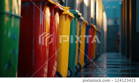 Row of colorful recycling bins in vibrant rainbow colors. Modern waste management containers lined up against urban wall, representing environmental responsibility and sustainability 124123415