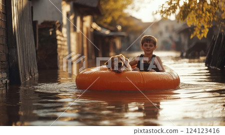 Young boy and golden retriever dog in inflatable boat during flood emergency. Heartwarming survival story captured in warm sunset light shows resilience during natural disaster 124123416