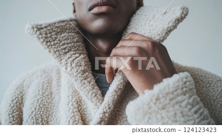 Closeup of woman wrapped in cozy sherpa fleece sweater. Soft, minimalist fashion portrait highlighting texture and comfort of winter clothing against neutral background 124123423
