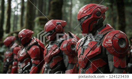 Futuristic red armored soldiers lined up in forest setting. Science fiction combat suits with detailed battle-worn textures combine military and cyberpunk aesthetics in cinematic composition Futuristic red armored soldiers lined up in forest setting. Science fiction combat suits with detailed battle-worn textures combine military and cyberpunk aesthetics in cinematic composition 124123439