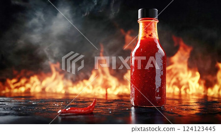 Hot sauce bottle with flames in background. Dramatic product photography of spicy red sauce with fire and smoke creating intense atmosphere for food marketing 124123445