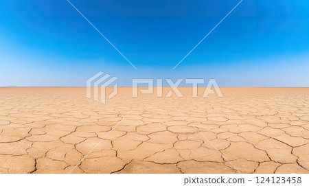 Expansive desert landscape under clear blue sky. 124123458