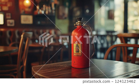 Vintage red thermos bottle with retro label sits on wooden table in cozy cafe interior with warm ambient lighting and wooden chairs in background 124123462