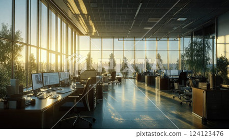 Modern office loft with floor-to-ceiling windows overlooking city skyline at sunset, featuring workstations with iMacs, indoor plants, and industrial-chic design elements 124123476