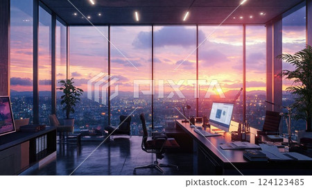 A modern, sunlit office space with large glass windows, open desks, and green plants, blending functionality and aesthetics in a bright, collaborative work environment 124123485