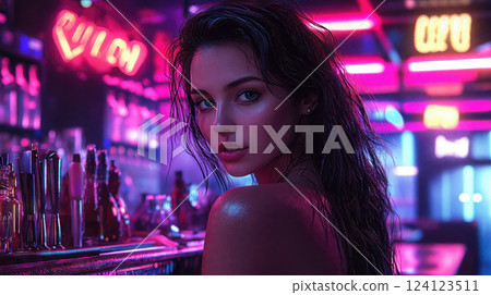 Digital art portrait of cyberpunk woman at neon-lit bar. Futuristic nightlife scene with pink and blue lighting creates atmospheric synthwave aesthetic with detailed character design Digital art portrait of cyberpunk woman at neon-lit bar. Futuristic nightlife scene with pink and blue lighting creates atmospheric synthwave aesthetic with detailed character design 124123511