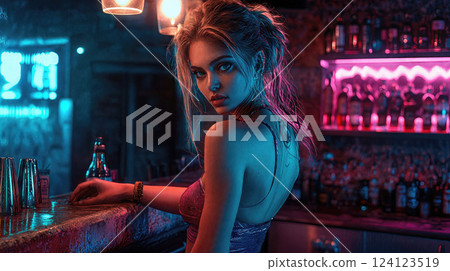 A striking young woman in a neon-lit bar gazes back under blue and pink lights, surrounded by glowing bottles and a mysterious nightlife atmosphere 124123519