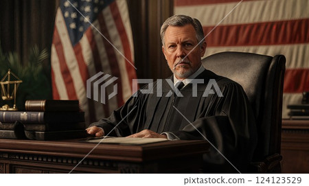 An authoritative judge with a solemn expression sits at a desk in a courtroom, wearing judicial robes, with the U.S. flag in the background, embodying justice and authority 124123529