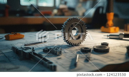 Metal gear wheels and engineering blueprints on industrial workbench. Professional mechanical design concept with technical drawings and precision components in atmospheric lighting 124123530