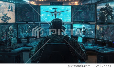 military operator monitors multiple high-tech screens in a command center, showcasing advanced surveillance, strategic technology, and real-time mission control in action 124123534