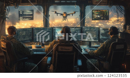 Military drone operators monitor advanced systems on glowing screens, guiding UAV missions from a high-tech control room illuminated by ambient light 124123535