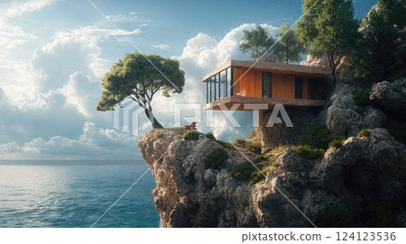 A beautiful house sits majestically on a cliff, overlooking the ocean 124123536