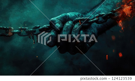 A hand is firmly holding onto a chain while surrounded by darkness A hand is firmly holding onto a chain while surrounded by darkness 124123539