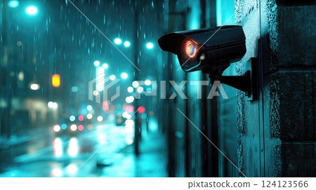 A security camera is mounted on a building in the rain A security camera is mounted on a building in the rain 124123566
