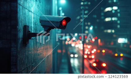 A security camera is mounted on a building in the rain 124123569