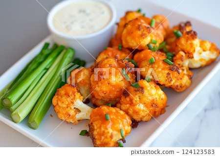 Spicy cauliflower buffalo bites served with ranch dip and celery sticks. 124123583
