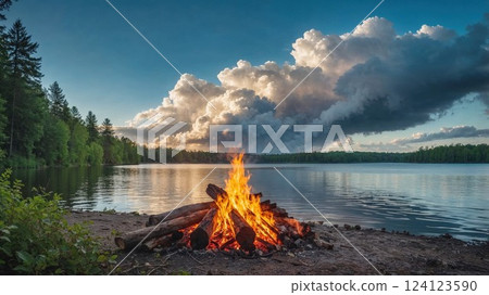 Warm campfire by a serene lake with lush forest and dramatic clouds, capturing a peaceful outdoor adventure 124123590