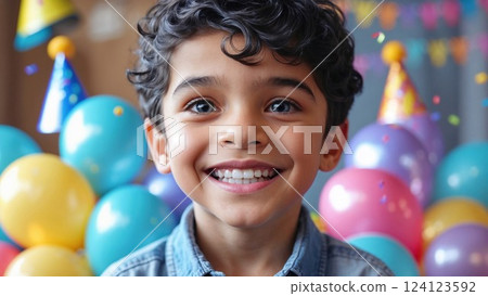 Joyful child at a colorful birthday party with balloons, party hats, and confetti, celebrating a festive moment 124123592