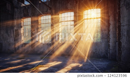 Sunlight streaming through cracked windows in an abandoned industrial building, casting long rays of light across the dusty floor, creating a dramatic, vintage atmosphere Sunlight streaming through cracked windows in an abandoned industrial building, casting long rays of light across the dusty floor, creating a dramatic, vintage atmosphere 124123596