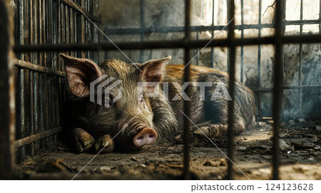 A piglet lying on hay in a dimly lit cage, bathed in cold and warm light, creating a dramatic, melancholic atmosphere. The piglet's eyes reflect innocence and solitude, surrounded by metal bars 124123628