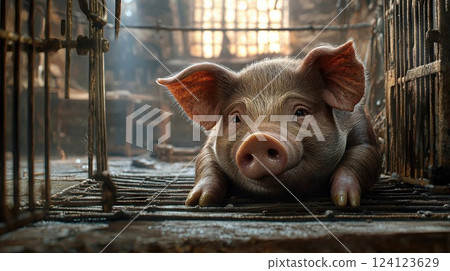 A piglet lying on hay in a dimly lit cage, bathed in cold and warm light, creating a dramatic, melancholic atmosphere. The piglet's eyes reflect innocence and solitude, surrounded by metal bars 124123629