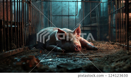 A piglet lying on hay in a dimly lit cage, bathed in cold and warm light, creating a dramatic, melancholic atmosphere. The piglet's eyes reflect innocence and solitude, surrounded by metal bars 124123630