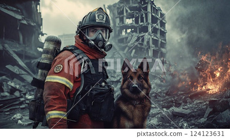 A firefighter in full protective gear with a gas mask stands alongside a German Shepherd amid a disaster scene, with debris and flames in the background, symbolizing bravery and companionship in 124123631