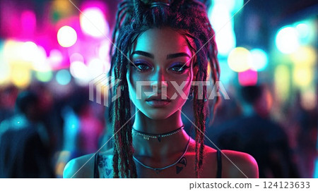 A young woman with expressive eyes and dreadlocks stands in a vibrant, neon-lit cityscape, her face illuminated by pink and blue lights, embodying urban style, confidence, and individuality 124123633