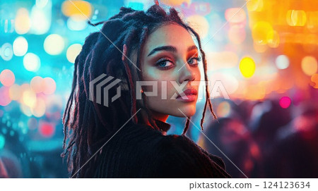 A young woman with expressive eyes and dreadlocks stands in a vibrant, neon-lit cityscape, her face illuminated by pink and blue lights, embodying urban style, confidence, and individuality 124123634