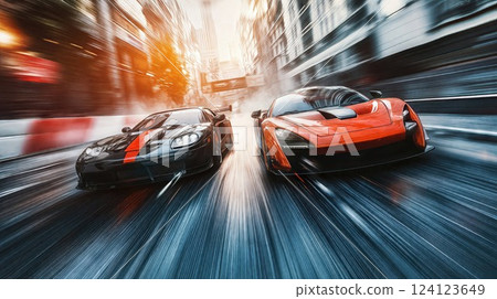 Two sleek sports cars speed through a city street in a thrilling race. The intense motion blur enhances the sense of high speed and excitement as they compete side by side Two sleek sports cars speed through a city street in a thrilling race. The intense motion blur enhances the sense of high speed and excitement as they compete side by side 124123649
