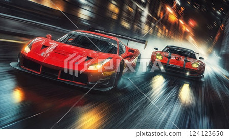 Two red racing GT3 cars speeding through rain-slicked streets with dramatic motion blur. Dynamic night scene captures the intensity of motorsport competition with glowing headlights cutting through Two red racing GT3 cars speeding through rain-slicked streets with dramatic motion blur. Dynamic night scene captures the intensity of motorsport competition with glowing headlights cutting through 124123650