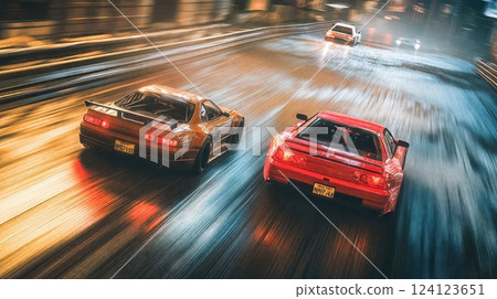 Two sleek sports cars speed through a city street in a thrilling race. The intense motion blur enhances the sense of high speed and excitement as they compete side by side Two sleek sports cars speed through a city street in a thrilling race. The intense motion blur enhances the sense of high speed and excitement as they compete side by side 124123651