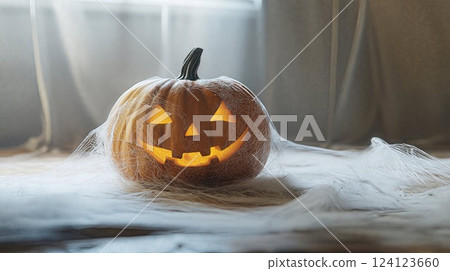 A glowing jack-o'-lantern sits on a table, covered in delicate, eerie spiderwebs, creating a spooky Halloween atmosphere in a dimly lit room A glowing jack-o'-lantern sits on a table, covered in delicate, eerie spiderwebs, creating a spooky Halloween atmosphere in a dimly lit room 124123660