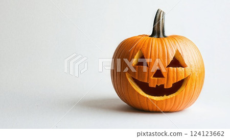 A carved Halloween pumpkin with an evil grin and menacing triangular eyes displays a detailed, sharp-toothed expression against a plain gray background 124123662