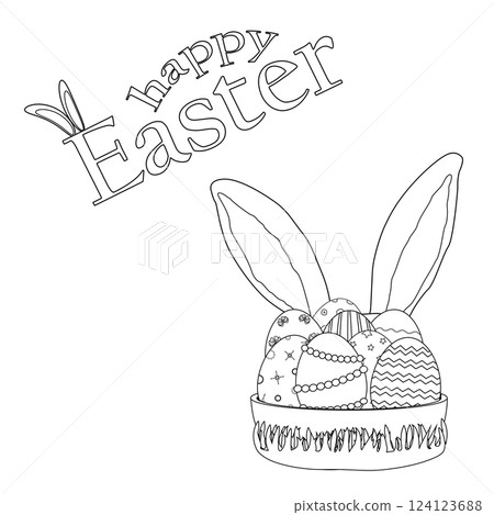 Black and white Easter coloring page featuring Easter bunny ears, decorated Easter eggs in a basket, and - Happy Easter - text. Ideal for kids, crafts, greeting card, and festive holiday activities. 124123688