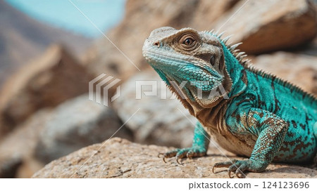 A striking close-up of a turquoise iguana perched on rocks, showcasing its vibrant scales and strong features. This detailed shot of the reptile captures the essence of wild nature and exotic animals 124123696