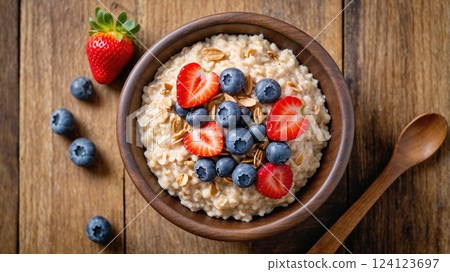A warm bowl of oatmeal topped with fresh strawberries, blueberries, and granola, offering a healthy and delicious breakfast option. This vibrant, wholesome meal is perfect for promoting nutrition and A warm bowl of oatmeal topped with fresh strawberries, blueberries, and granola, offering a healthy and delicious breakfast option. This vibrant, wholesome meal is perfect for promoting nutrition and 124123697