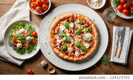 A delicious pizza topped with pepperoni, mozzarella, and fresh basil, paired with a vibrant salad of cherry tomatoes and greens. This delightful meal captures the essence of a tasty, balanced lunch or A delicious pizza topped with pepperoni, mozzarella, and fresh basil, paired with a vibrant salad of cherry tomatoes and greens. This delightful meal captures the essence of a tasty, balanced lunch or 124123701