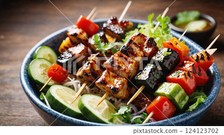 Grilled skewers with a mix of vegetables and marinated meat, served on a bed of noodles and garnished with fresh herbs. This healthy, flavorful dish is perfect for a satisfying lunch or dinner 124123702