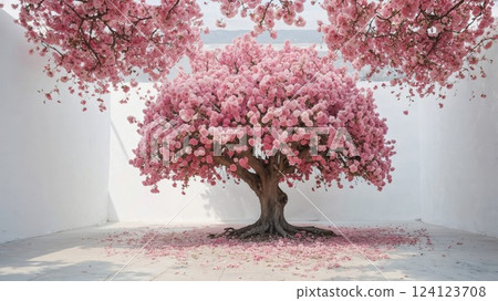 A magnificent pink blossom tree in full bloom, with delicate petals scattered on the ground. This serene, vibrant scene captures the beauty of nature and the peaceful atmosphere of spring 124123708