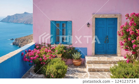 A picturesque Greek-style house with vibrant blue shutters, pink bougainvillea plants, and stunning sea views. The charming pastel colors and coastal charm capture the essence of Mediterranean life 124123714