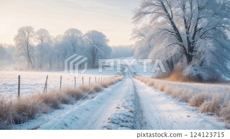 A peaceful winter scene featuring a snow-covered road winding through frosty trees, creating a serene and tranquil atmosphere in a beautiful, untouched winter landscape 124123715