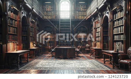 Atmospheric vintage library with towering mahogany bookshelves and grand arched window. Gothic two-story private study with leather chairs, antique desk, ornate woodwork, and elegant area rug 124123720