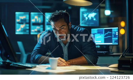 Professional trader working late at trading desk with multiple screens showing financial data. Dramatic portrait of focused businessman analyzing stock market in modern dark office environment 124123726