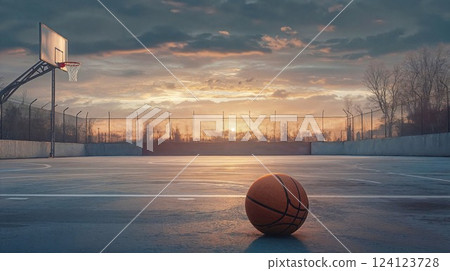 Basketball court at sunset with lone ball and dramatic sky. Atmospheric sports photography capturing empty playground with golden hour light creating nostalgic urban scene 124123728